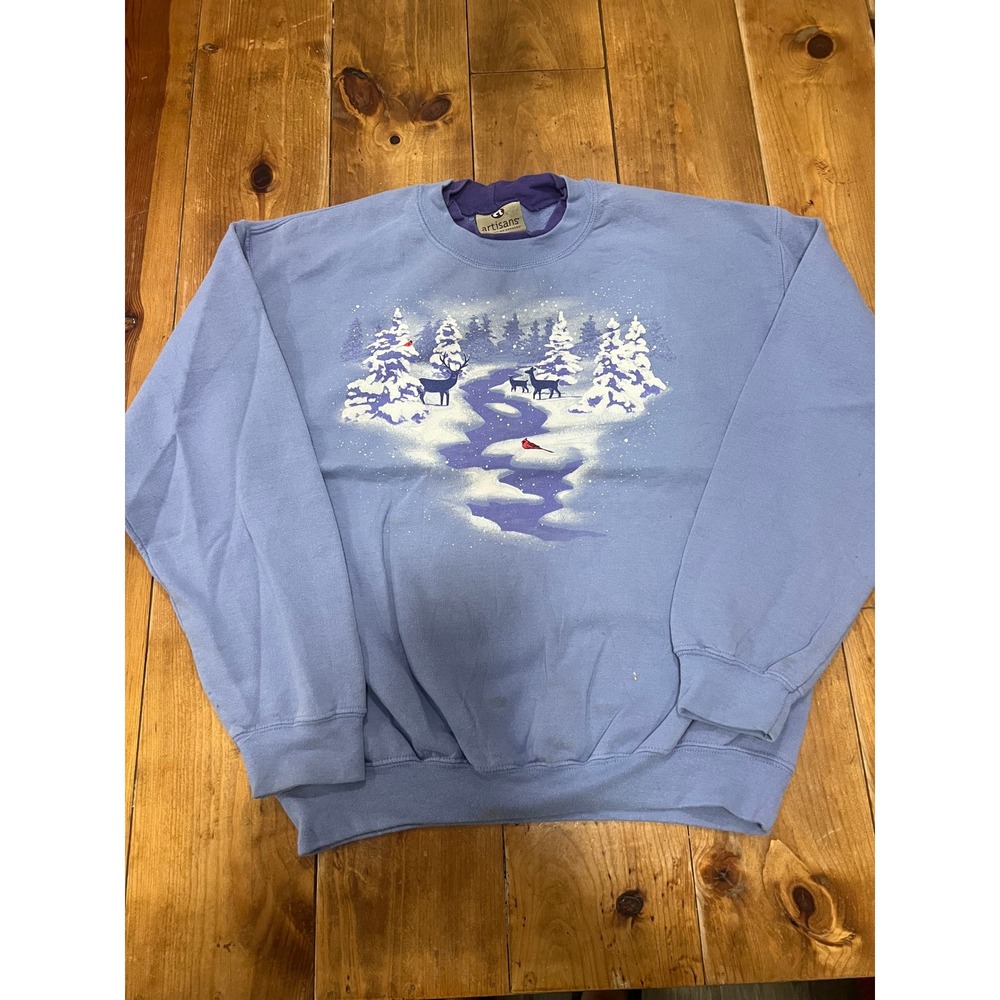 Artisans Vintage Winter Scene Sweatshirt Blue Purple Double Collar Medium